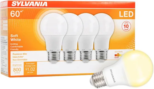 Sylvania Bombilla LED, equivalente a 60 W A19, eficiente 8.5 W, base media, acabado esmerilado, 800 lúmenes, blanco suave, paquete de 4 (73888)