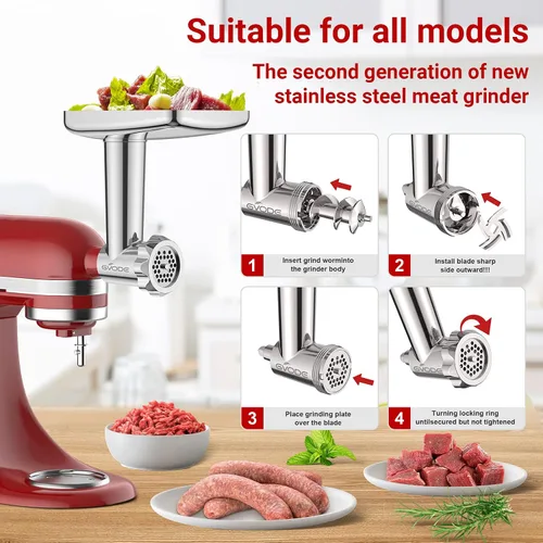 Miniatura 4 de Accesorios de acero inoxidable para molinillo de alimentos para batidoras de pie KitchenAid, incluyendo relleno de salchichas, acero inoxidable