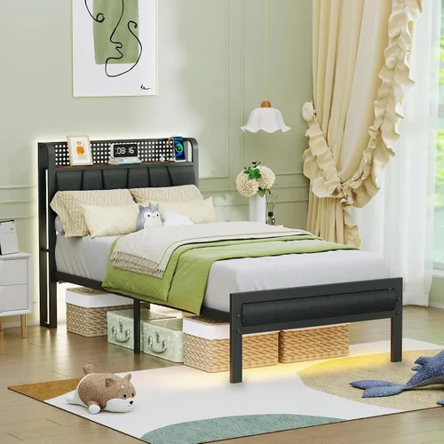 Miniatura 9 de Furnulem Base de cama individual con luz LED y estación de carga, cabecera de almacenamiento tapizada gris con estante, cama de plataforma de metal