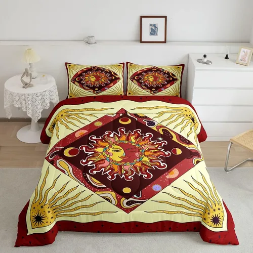 Miniatura 29 de Juego de edredón de champiñones para niños, tamaño individual, juego de ropa de cama romántica con sol, luna, cielo estrellado y galaxia, decoración