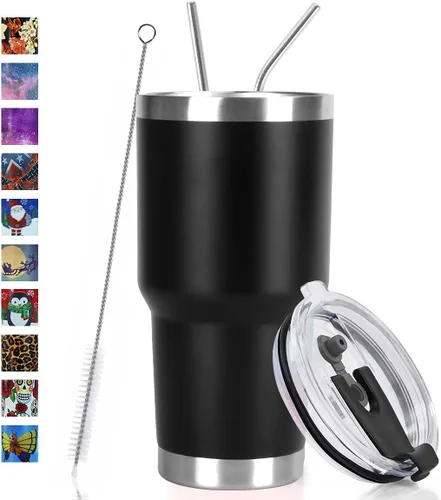 SYACOT - Vaso de 30 onzas, de acero inoxidable, de doble pared con aislamiento al vacío, con tapa a prueba de derrames, popote de metal y cepillo