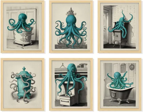 97 Decor Arte de pared vintage de pulpo, decoración náutica de baño de pulpo, ilustraciones de monstruo marino para decoración del hogar (8 x 10