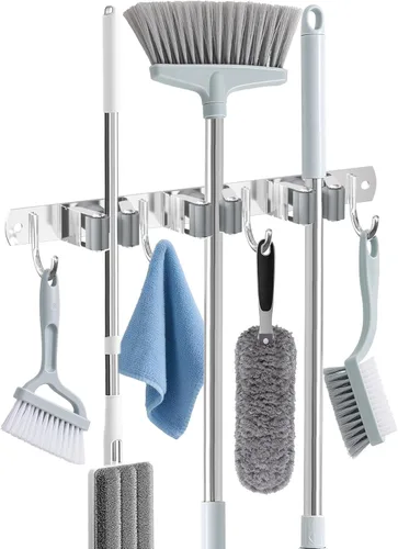 Miniatura 9 de Soporte de Pared para Escoba, Organizador de Escoba de Montaje en Pared de Acero Inoxidable y Colgador de Trapeador de Servicio Pesado, Organización
