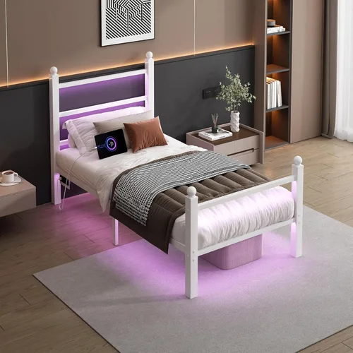 Miniatura 7 de CLIBFENG Base de cama individual con cabecera y estribo, listones de acero, base de cama LED con estación de carga USB, base de colchón