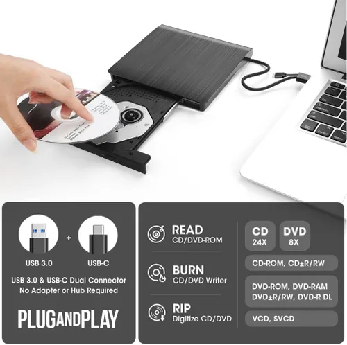 Miniatura 2 de ROOFULL Unidad externa de CD DVD USB 3.0 y USB-C con estuche de transporte, portátil USB ROM +/-RW unidad de disco óptico reproductor quemador