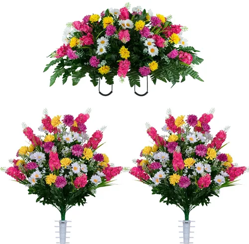 Miniatura 27 de Sympathy Silks Flores artificiales para cementerios – Decoraciones para tumbas - 1 ramo de flores silvestres de violeta púrpura y naranja, 1 montura