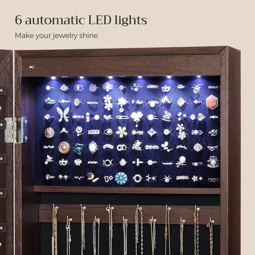 Miniatura 71 de Songmics - UJJC93W - Armario para joyas que se puede cerrar con llave, de montaje en pared o puerta, con espejo de 6 luces LED, para organización