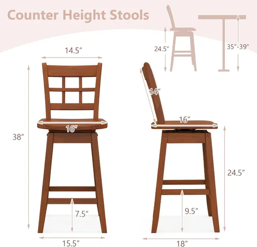 Miniatura 3 de Giantex Juego de 2 taburetes de bar de 24.5 pulgadas, taburetes de bar giratorios de granja con respaldo hueco de 6 rejillas y asiento ergonómico
