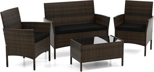 Miniatura 12 de DORTALA Juego de muebles de mimbre para patio, 4 piezas, mesa y sillas de ratán de polietileno para exteriores con mesa de centro de vidrio Naranja