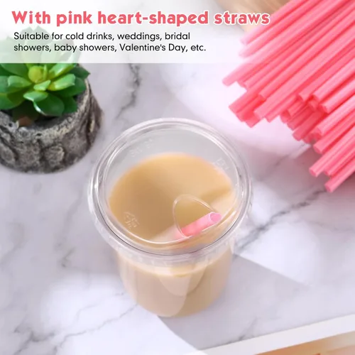 Miniatura 5 de Ziliny Juego de 25 vasos de plástico transparente con pajitas rosas en forma de corazón y tapas sin popote, vasos desechables para mascotas de fondo