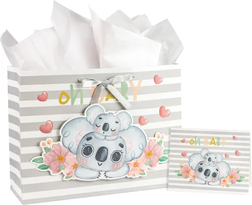 Loveinside Bolsa de regalo de koala gris bebé con papel de seda y tarjeta de felicitación para baby shower, nuevos padres y más, 16 x 6 x 12