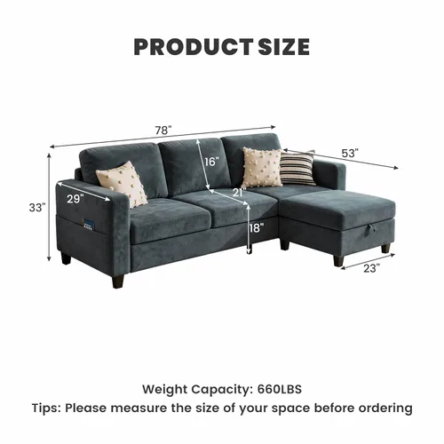 Miniatura 2 de Sofá modular de 78 pulgadas para sala de estar, sofá azul en forma de L con otomana de almacenamiento, asiento profundo, juego de sofá de tela