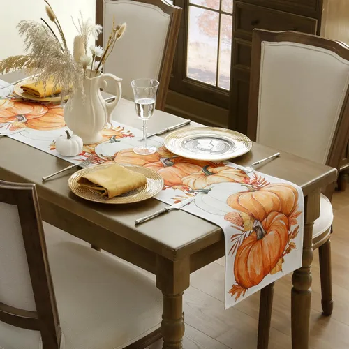 Miniatura 3 de Romanstile Camino de mesa de otoño, 13 x 72 pulgadas, hojas de calabaza naranja, Acción de Gracias, otoño, cocina, comedor, decoración de mesa