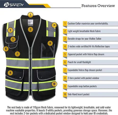 Miniatura 3 de JKSafety - Chaleco de alta visibilidad de 9 bolsillos en negro para hombres y mujeres, chaleco reflectante de alta visibilidad de malla