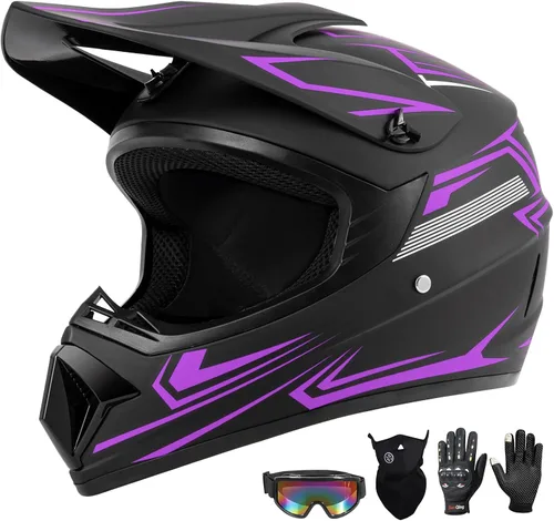 Miniatura 16 de Juego de 4 cascos de motocross para niños y jóvenes (guantes con gafas), casco de motocicleta de cara completa aprobado por DOT, ATV, BMX, bicicleta