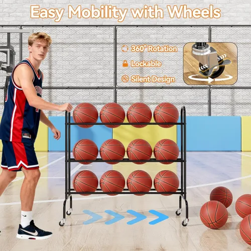 Miniatura 4 de Basketball Rack, Rolling Sport Equipment Holder Ball Storage Cart for Basketball, Football and Soccer, Suitable for Indoor and Outdoor, Black