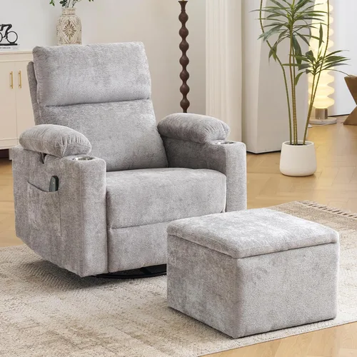 Miniatura 15 de Silla Reclinable Eléctrica de Gran Tamaño Giratoria Deslizante con Masaje y Calor, Sillón Reclinable Giratorio Mecedor con Reposabrazos Ajustables