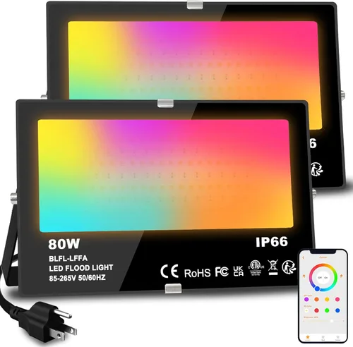 MELPO Luz de inundación LED para exteriores, equivalente a 800 W, 8000 lm, iluminación inteligente RGB para paisaje, con control de aplicación,