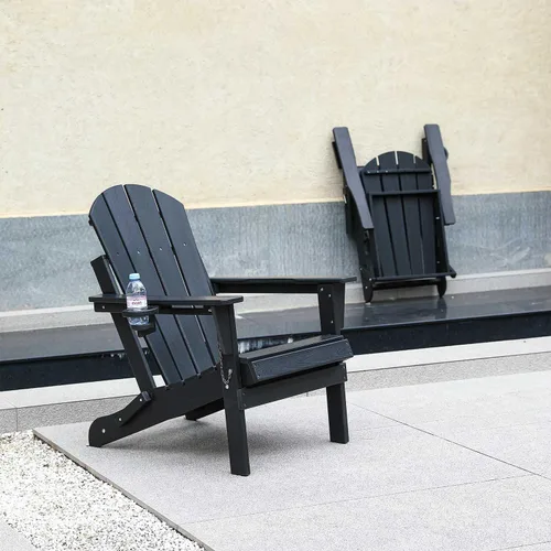 Miniatura 4 de Silla Adirondack plegable con soporte para tazas, silla de exterior de HDPE resistente a la intemperie, silla de césped de grano de madera para Negro