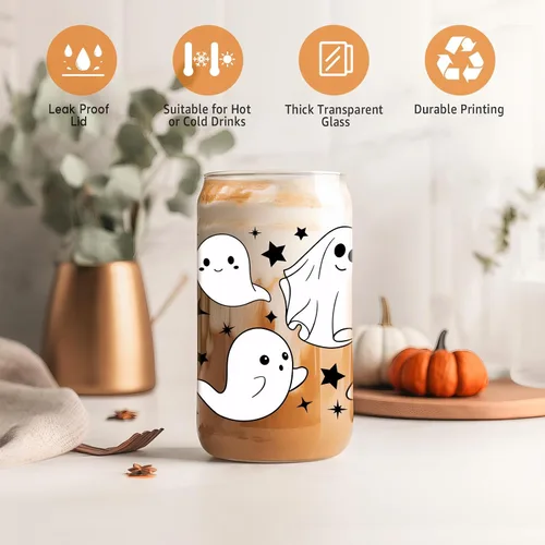 Miniatura 4 de Coolife Taza fantasma de Halloween, vaso de vidrio de 16 onzas con tapas y pajitas, taza de café helado espeluznante para batidos, bonitos regalos