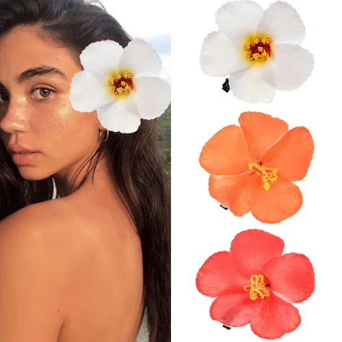 Miniatura 17 de 4 pinzas hawaianas para el cabello de Plumeria Galsang con flores para fiesta en la playa (4 unidades, blanco)