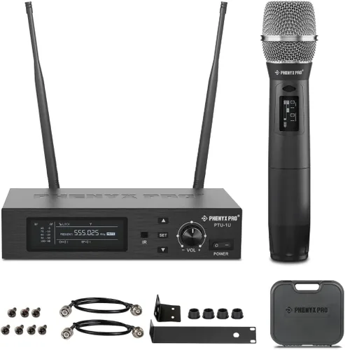 Sistema de micrófono inalámbrico Phenyx Pro True Diversity con 1000 canales sintonizables, set de micrófono inalámbrico único con escaneo