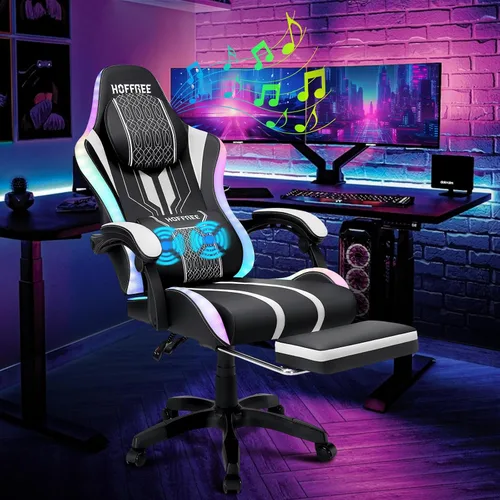 Miniatura 15 de HOFFREE Silla LED para juegos con altavoces, silla de computadora grande y alta con luces RGB, silla de juego Bluetooth con reposapiés, sillas