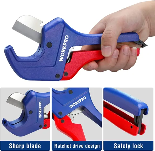 Miniatura 8 de WORKPRO Cortador de tubos de PVC con trinquete, hasta 1-5/8 pulgadas, cortador de tubos y tubos de plástico para mangueras de PEX, PVC, PPR