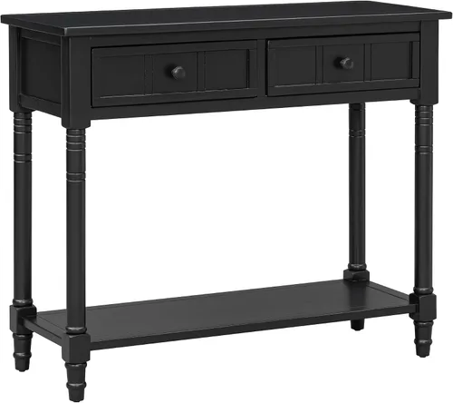 Miniatura 8 de P PURLOVE Mesa de consola Aparador Mesa de sofá de madera con 2 cajones y estante inferior (negro)