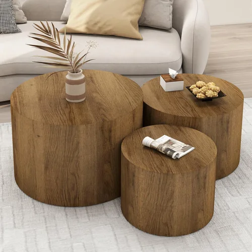 Miniatura 2 de Vikiullf Juego de 3 mesas de centro anidadas, mesas redondas de madera, mesa circular moderna para sala de estar, dormitorio, mesa auxiliar