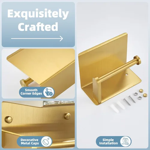 Miniatura 8 de APLusee Soporte de papel higiénico dorado cepillado con estante, colgador de papel higiénico compacto montado en la pared de acero inoxidable 304