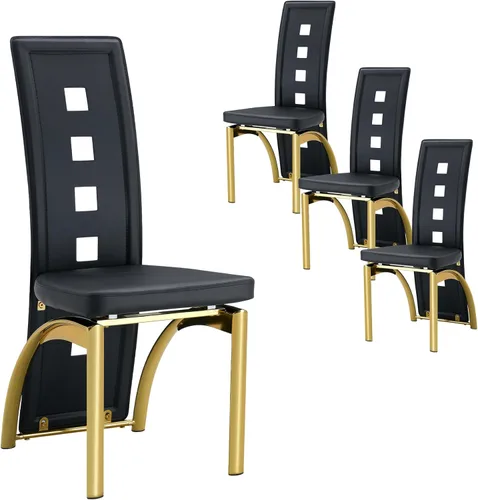 Miniatura 16 de Juego de 2 sillas de comedor modernas, juego de 2 sillas de comedor negras, sillas de cocina tapizadas de piel sintética con patas de metal dorado