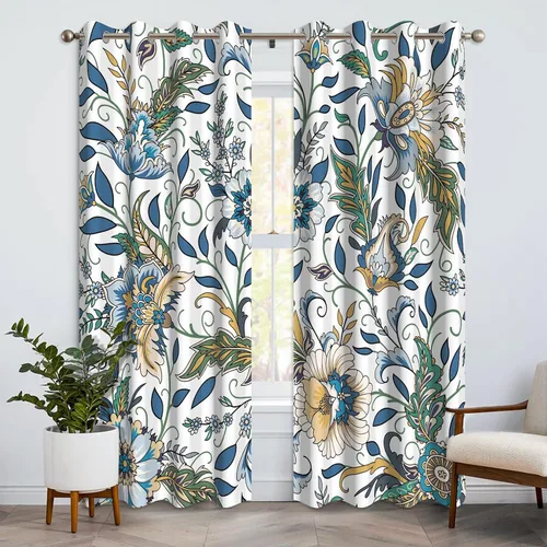 Miniatura 9 de Cortinas opacas florales bohemias azules para dormitorio, cortinas opacas botánicas de mediados de siglo de 63 pulgadas de largo, 2 paneles