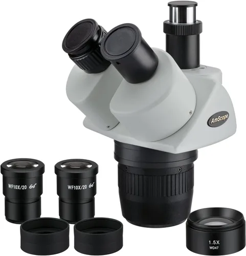 AmScope Cabezal de microscopio estéreo trinocular SW13TY, oculares WH10x, aumento 10X/15X/30X/45X, objetivo 1X/3X, incluye lente Barlow de 1.5x