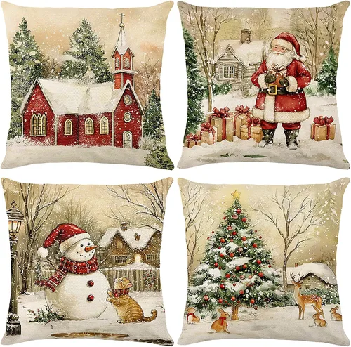 Miniatura 9 de Juego de 4 fundas de almohada rojas de 18 x 18 pulgadas, diseño de Papá Noel, muñeco de nieve, Feliz Navidad, para sofá, decoración de vacaciones