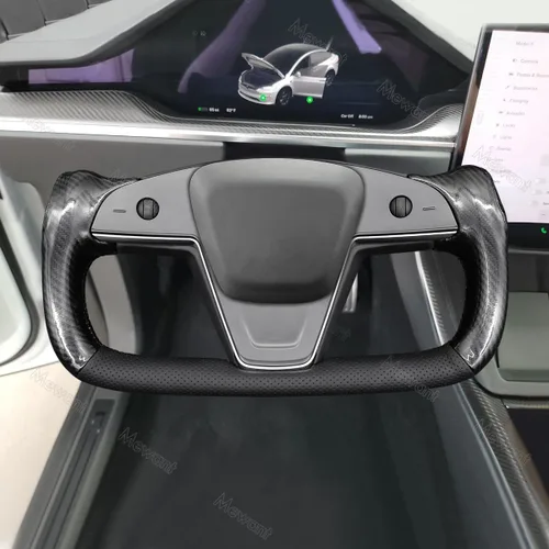 Miniatura 2 de MEWANT Funda para volante de cuero PU cosida a mano y fibra de carbono brillante para Tesla Yoke Modelo S Plaid 2021-2023 / Modelo X 2021-2023 7