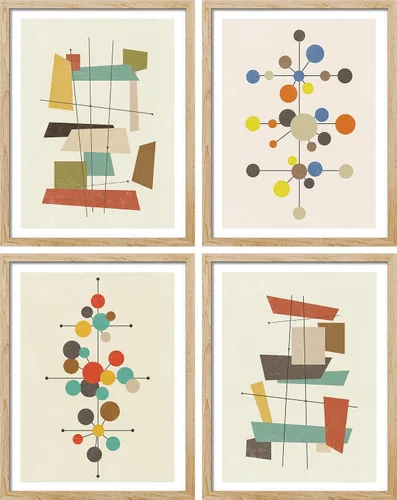 SIGNWIN Arte de pared enmarcado moderno de mediados de siglo de los años 60, polígonos nórdicos, juego de 4 impresiones geométricas abstractas para