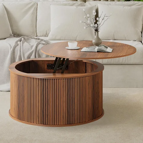 Mesa de Centro con Tapa Elevable, Mesa de Centro Redonda Acanalada con Almacenamiento, Mesa de Comedor Central Estilo Granja Mesa Circular para Sala