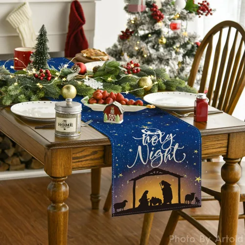 Miniatura 2 de Artoid Mode Camino de mesa navideño The Lord Blue Sky para invierno, noche santa de Cristo, cocina, comedor, decoración para exteriores y fiestas