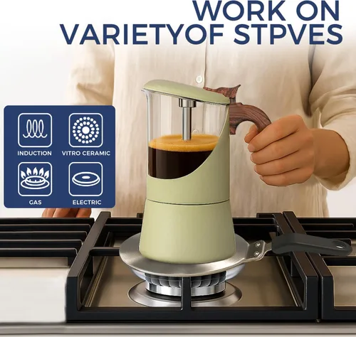 Miniatura 3 de Olla de Moka de Vidrio TWOCE para Estufa y Inducción - Cafetera de Espresso Italiana con Mango de Madera y Diseño a Prueba de Fugas - Incluye Placa