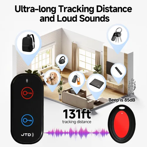 Miniatura 3 de JTD Localizador de llaves con sonido, buscador remoto – 2 receptores, 1 llavero de seguimiento de coche, 85 dB de ruido, rastreador de rango de 131