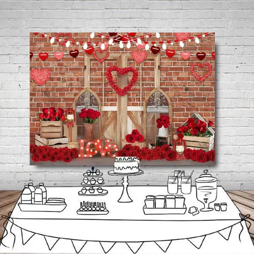 Miniatura 5 de LYWYGG Telones de fondo de fotografía de San Valentín feliz de 8x6 pies de pared de ladrillo puerta de madera y rosa roja flor amor corazón luces