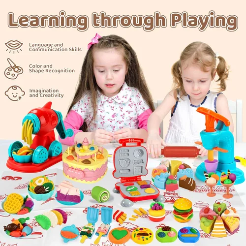 Miniatura 6 de Aprilwolf 70 PCS Juego de Masa 4 en 1 para Niños de 3-4-8 Años, Kit de Herramientas de Masa para Manualidades de Arte, Set de Juego de Helado Fideos