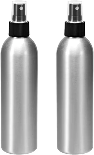 uxcell 2 botellas de aerosol de aluminio de 8.5 oz/8.5 fl oz con pulverizador de niebla fina negra, botella de viaje vacía recargable para cocina,