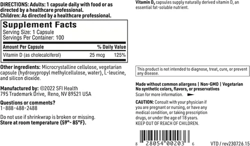Miniatura 5 de Klaire Labs SFI Health Vitamina D3 1000 UI - Alta potencia 25 microgramos, apoyo hipoalergénico óseo e inmunológico (100 cápsulas)
