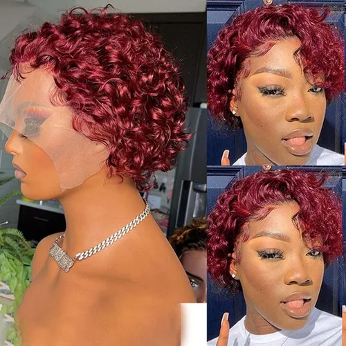 Miniatura 10 de INSTASTYLE Pelucas rubias degradadas con encaje frontal de 6 pulgadas, cabello humano de 13 x 1, corte Pixie, pelucas cortas rizadas de encaje HD