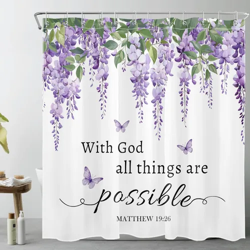 Miniatura 16 de LB Cortina de ducha de hortensias azules para baño, cortina de ducha rústica de girasol amarillo botánico y lavanda púrpura con ganchos, cortina
