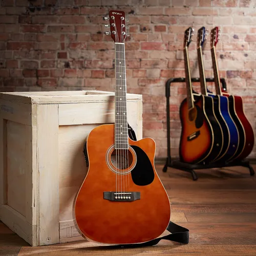 Miniatura 7 de Jameson Guitars Guitarra eléctrica acústica Thinline de tamaño completo con estuche y púas, color marrón para diestros