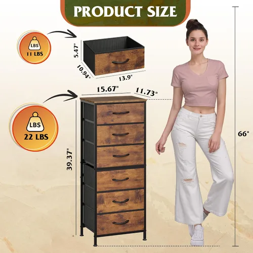Miniatura 3 de WLIVE Cómoda alta para dormitorio, cómoda de 6 cajones y cómodas, cómoda de tela para armario, mesita de noche con marco de metal, torre