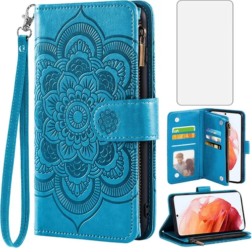 Asuwish Funda tipo cartera compatible con Samsung Galaxy S22 5G y protector de pantalla de vidrio templado, soporte de tarjeta de cuero con diseño
